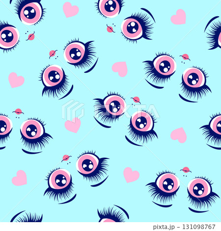 Seamless pattern of doll eyes and hearts on a light blue background. Seamless pattern of doll eyes and hearts on a light blue background. 131098767