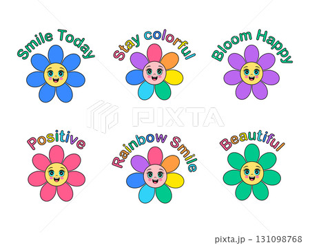 Flowers with positive quotes. Smile Today, Stay Colorful, Bloom Happy, Positive,Rainbow Smile, Beautiful. Flowers with positive quotes. Smile Today, Stay Colorful, Bloom Happy, Positive,Rainbow Smile, Beautiful. 131098768