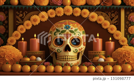 Colorful altar honoring Day of the Dead with decorated skull, flowers, and candles Colorful altar honoring Day of the Dead with decorated skull, flowers, and candles 131098777