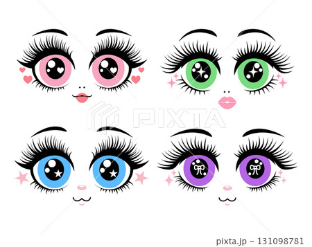 Set of cute cartoon doll eyes with long eyelashes and a variety of colors and expressions. 131098781