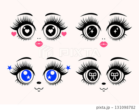 Collection of cute doll faces with big eyes, long eyelashes. 131098782