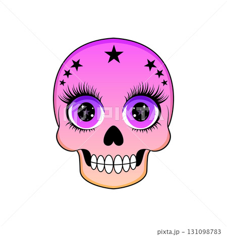 A pink cartoon skull with big purple eyes, long eyelashes, and stars. 131098783