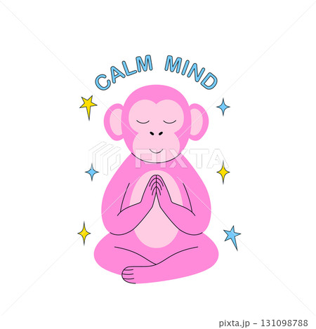Pink cartoon monkey in a meditative pose with the text Calm Mind 131098788