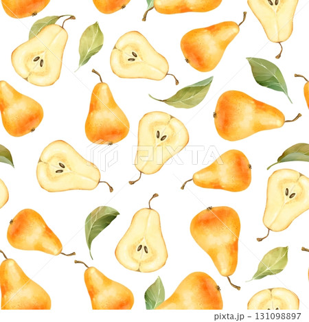 Hand-drawn illustration of a seamless pattern with whole and sliced pears on a white background 131098897
