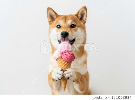 アイスクリームを食べる犬のかわいい写真  131098934
