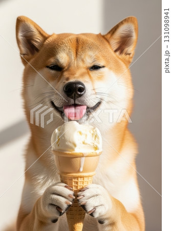 アイスクリームを食べる犬のかわいい写真  アイスクリームを食べる犬のかわいい写真  131098941