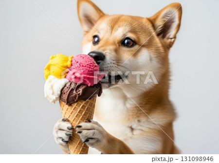 アイスクリームを食べる犬のかわいい写真  アイスクリームを食べる犬のかわいい写真  131098946