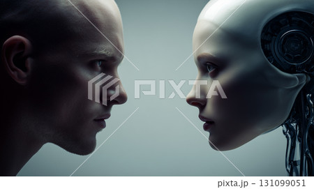 人間とAIヒューマノイドが対峙する未来的コンセプトイメージ「生成AI」 131099051