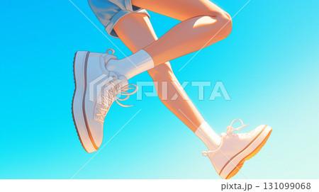 元気に歩く少女の足元を描いたスニーカーのイラストレーション「生成AI」 131099068