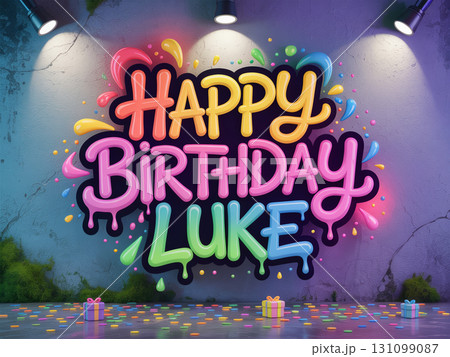 Colorful Happy Birthday Luke poster with balloons and gifts. Festive party decoration background 131099087