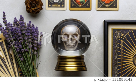 Skull crystal ball with tarot cards and lavender displayed on a table during a mystical evening 131099142