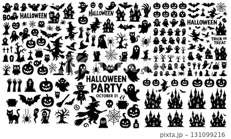Halloween silhouette pumpkin ghost bat witch haunted house party October 31 spooky fun 131099216