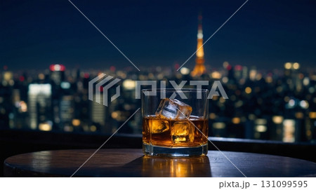 Whiskey glass with ice and Tokyo Tower night Whiskey glass with ice and Tokyo Tower night 131099595