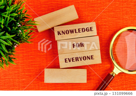 Education Concept text KNOWLEDGE FOR EVERYONE assembled from wooden blocks in composition with magnifying glass and green plant on orange background, top view Education Concept text KNOWLEDGE FOR EVERYONE assembled from wooden blocks in composition with magnifying glass and green plant on orange background, top view 131099666