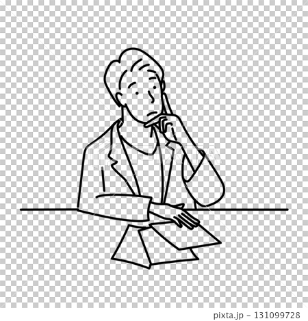 Stock Illustration: Line drawing of a male doctor thinking about documents 131099728