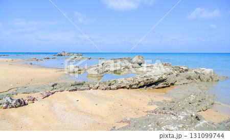 TitleRugged Beach Shoreline with Weathered Rocks and Calm Ocean 131099744