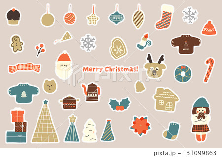 北欧風のシンプルかわいい手描きのクリスマスイラストセット　ステッカー風 131099863