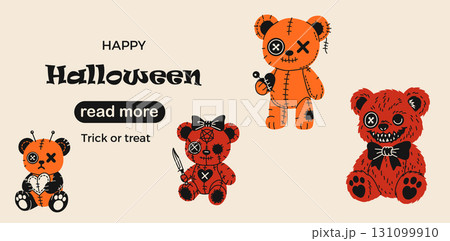 Web page design template. Spooky Halloween Teddy Bears with Voodoo Details 131099910