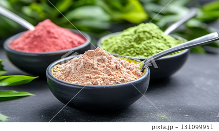 Holi color powder. Organic Gulal colours in bowl for Holi festival. AI Generated. Holi color powder. Organic Gulal colours in bowl for Holi festival. AI Generated. 131099951