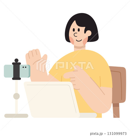 Vector cartoon illustration of woman live streaming with a smartphone. Online content creation, social media, and digital lifestyle concept. 131099973