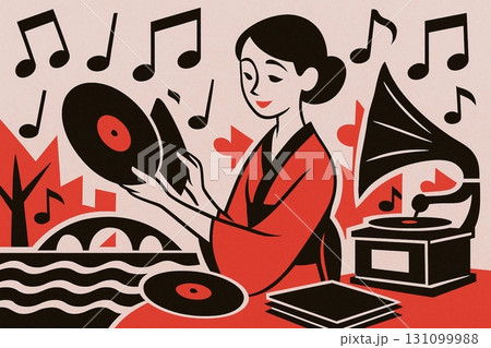 レトロアート風 レコードを聴く女性と蓄音機 レトロアート風 レコードを聴く女性と蓄音機 131099988