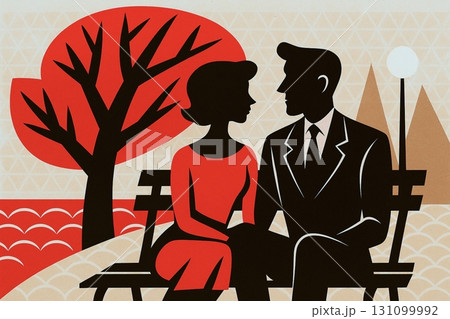 レトロアート風　公園のベンチに座るカップル 131099992
