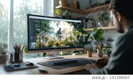 Character design game character. A bright home office. AI Generated. 131100087