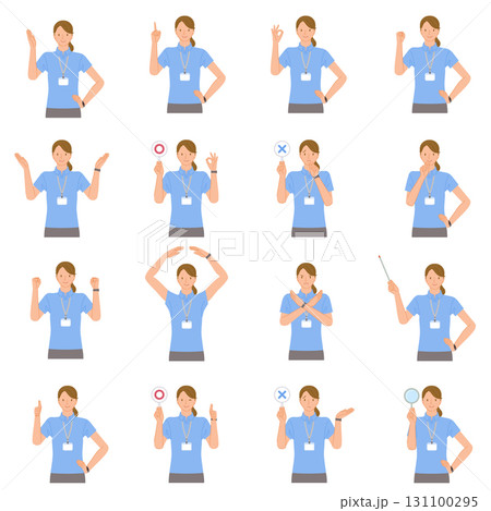 ポロシャツを着たジムの若い女性スタッフのポーズセット 131100295