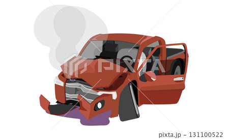 Vector or Illustrator front view of pickup car. Front grille was broken, smoke was billowing and oil was leaking. door opens and the airbag deploys. on white isolated. 131100522
