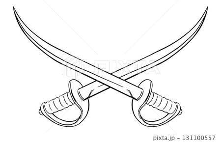 Two crossed curved arabian sword. Cold steel weapon. Vector sketch of pirate sabre. Corsair's broadsword with a narrow blade. Linear drawing on a white background. 131100557