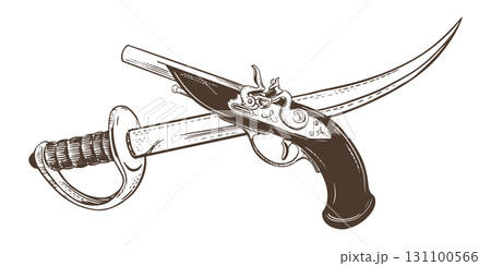 Sabre and flintlock pistol. Pirate weapons. Vector sketch of broadsword and firearms of Corsair. Imitation of old engraving. Sabre and flintlock pistol. Pirate weapons. Vector sketch of broadsword and firearms of Corsair. Imitation of old engraving. 131100566