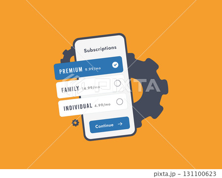 Subscription plan interface on mobile screen with pricing options for premium, family and individual accounts. Subscription management digital services and SaaS model, vector illustration 131100623