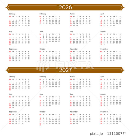 Monthly calendar template for 2026 and 2027 year. Desk calendar 2026 and 2027 design, simple and clean design, Wall calendar for print, digital calendar, Corporate design planner template vector. 131100774