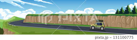 Horizontal or Landscape view of travelling car with rack. Drive on asphalt road to hill. Ahead is a steep uphill curve. Driving man inside of car. Background of mountain under blue sky and clouds. 131100775