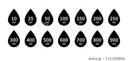 Water capacity icons set. Liquid volume symbol from 10 to 900 liters. Water drop line icon. Fluid volume. ML sign. Scale for liquid or ingredient. Vector illustration isolated on white background 131100808