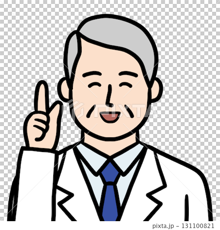 Senior male doctor scientist researcher in white coat pointing up pose icon 131100821