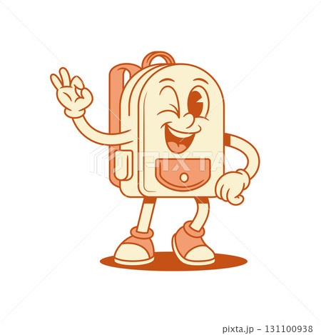 Funky comic schoolbag backpack cartoon character okay gesture isometric vector illustration 131100938