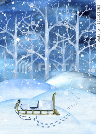Watercolor winter landscape with wooden sled, footprint on snow. Snowdrift, night sky with snowfall, silhouette of tree. Snowy scenery for children's book, game card, North, Arctic article, postcard 131101363