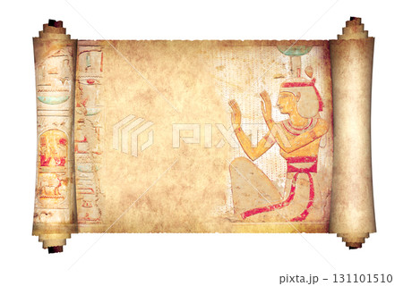 Ancient Colorful papyrus with egyptian goddess and hieroglyphs. Old parchment with Figure of goddess Isis. Isolated on white background. Copy space for your text. Mock up template. 3d render 131101510