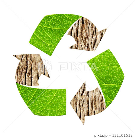 Arrows recycle symbol with bark and green leaf texture. Reuse, renewable resources. Eco-friendly, Ecology, go green, Green Energy, environmental, zero waste, responsible consumption concept Arrows recycle symbol with bark and green leaf texture. Reuse, renewable resources. Eco-friendly, Ecology, go green, Green Energy, environmental, zero waste, responsible consumption concept 131101515