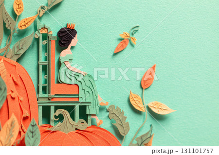 Queen throne pumpkin paper cutout artwork leaves crown green orange whimsical autumn fantasy sitting elegant creative textured female fairytale decorative illustration handmade craft imaginative 131101757