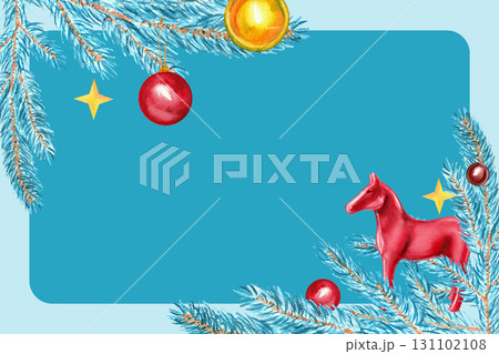 Hand-drawn horizontal watercolor Christmas frame with decorated fir branches and a red horse on blue background for holiday print design Hand-drawn horizontal watercolor Christmas frame with decorated fir branches and a red horse on blue background for holiday print design 131102108