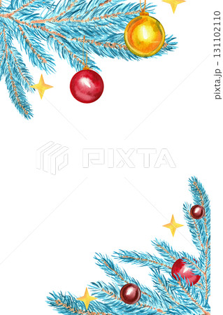 A vertical hand-drawn watercolor Christmas frame with decorated fir blue branches for holiday print design. A vertical hand-drawn watercolor Christmas frame with decorated fir blue branches for holiday print design. 131102110