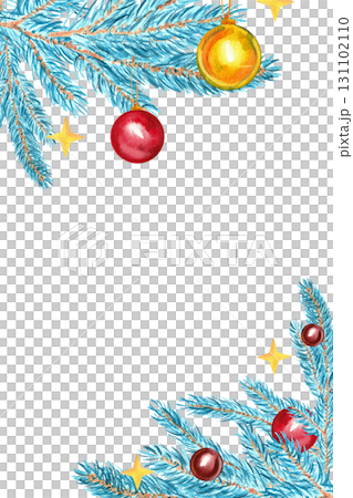 A vertical hand-drawn watercolor Christmas frame with decorated fir blue branches for holiday print design. A vertical hand-drawn watercolor Christmas frame with decorated fir blue branches for holiday print design. 131102110