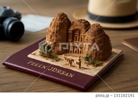 AI generated detailed close-up of an open passport featuring Petra Jordan, with miniature landscape, architecture, and cultural elements emerging from the pages. Perfect for travel and culture themes. AI generated detailed close-up of an open passport featuring Petra Jordan, with miniature landscape, architecture, and cultural elements emerging from the pages. Perfect for travel and culture themes. 131102191