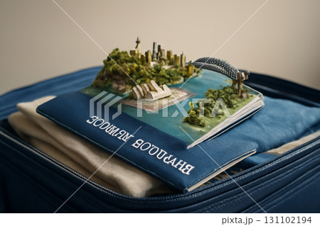 AI generated detailed image of an open passport with a 3D diorama of Sydney, Australia iconic landmarks, placed on a suitcase with clothes. Evoking travel excitement and anticipation. 131102194