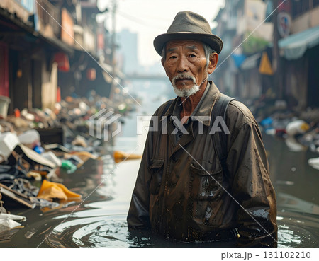 AI generated image of elderly Asian man emerging from dirty canal surrounded by trash and pollution with urban background showing sewage and community impact AI generated image of elderly Asian man emerging from dirty canal surrounded by trash and pollution with urban background showing sewage and community impact 131102210