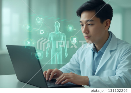 AI generated futuristic medical interface with a young Asian doctor interacting with a glowing digital health system. Holographic display shows muscle structure, medical icons, and symbols. 131102295
