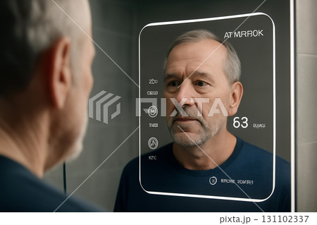 AI generated close-up of a 68-year-old man with skin change highlights in a futuristic mirror. Captures emotions of aging and technology in a modern bathroom setting. 131102337