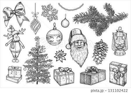Hand draw set of vintage Christmas design elements. Gifts, Christmas tree, New Year decor. Vector illustration. Hand draw set of vintage Christmas design elements. Gifts, Christmas tree, New Year decor. Vector illustration. 131102422